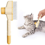 Pet Hair & Flea Comb with dense teeth and self-cleaning feature used on a grey tabby cat for grooming and flea removal