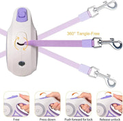 Automatic retractable dog leash with 360-degree tangle-free design and one-touch locking mechanism in purple.