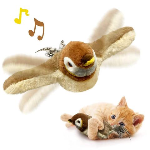 Interactive bird cat toy with flapping wings and chirping sounds, soft plush design, includes silvervine and catnip pouch for cat stimulation.
