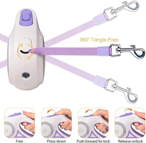 Automatic retractable dog leash with 360-degree tangle-free design and one-touch locking mechanism in purple.