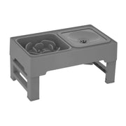 Gray elevated mess-free dog bowl with slow feeder and splash-proof water compartments, adjustable height stand with anti-skid pads