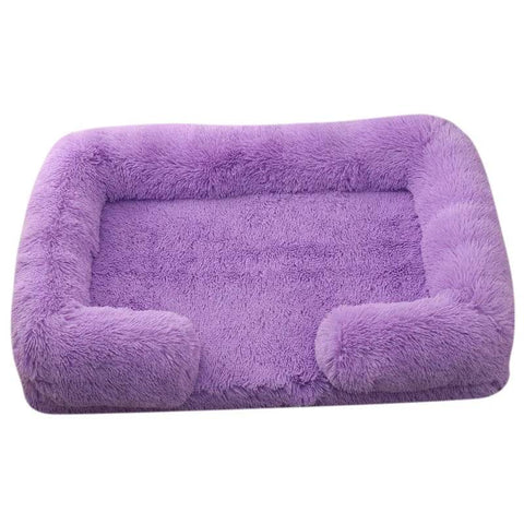 Purple orthopedic soft dog sofa bed with plush cushioning and raised edges for medium-sized dogs