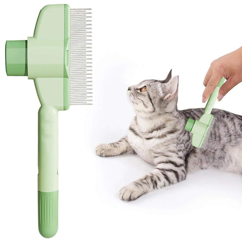 Pet Hair & Flea Comb in green with dense teeth being used on a grey tabby cat for grooming and flea removal