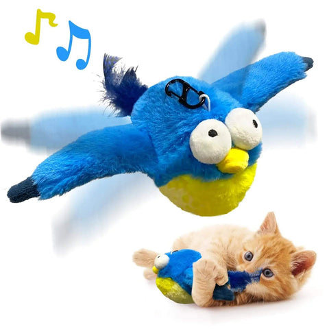 Interactive bird cat toy with flapping wings and chirping sounds, featuring soft plush design and catnip pouch for engaging play.