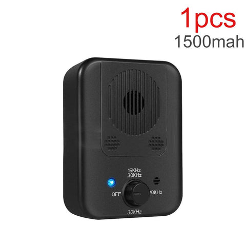 Compact black ultrasonic dog bark stopper device with adjustable frequency and blue indicator light.