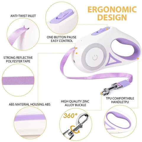 Automatic retractable dog leash with ergonomic design, LED flashlight, reflective polyester tape, zinc alloy buckle, and comfortable TPU handle in purple.
