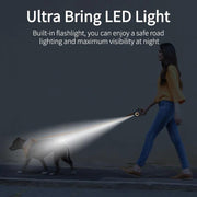 Automatic retractable dog leash with built-in LED flashlight for safe nighttime walks