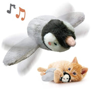 Interactive bird cat toy with flapping wings and chirping sounds, designed to engage cats with motion sensor activation and include silvervine and catnip pouch for enhanced play.