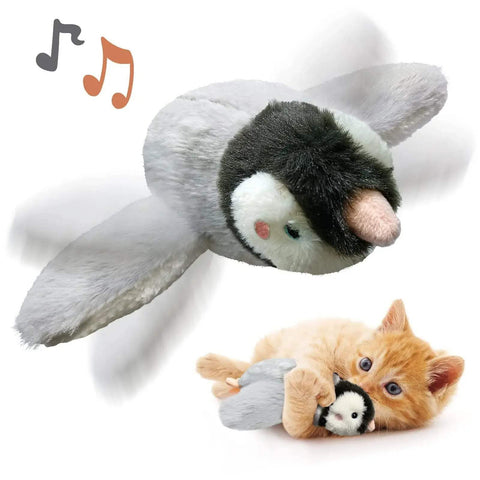 Interactive bird cat toy with flapping wings and chirping sounds, designed to engage cats with motion sensor activation and include silvervine and catnip pouch for enhanced play.