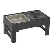Raised dog bowls with adjustable height, featuring a stainless steel food bowl and a splash-proof water bowl with floating disk on a stable black stand