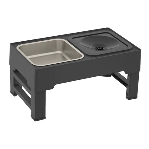 Raised dog bowls with adjustable height, featuring a stainless steel food bowl and a splash-proof water bowl with floating disk on a stable black stand