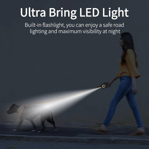 Automatic retractable dog leash with built-in LED flashlight for safe nighttime walks